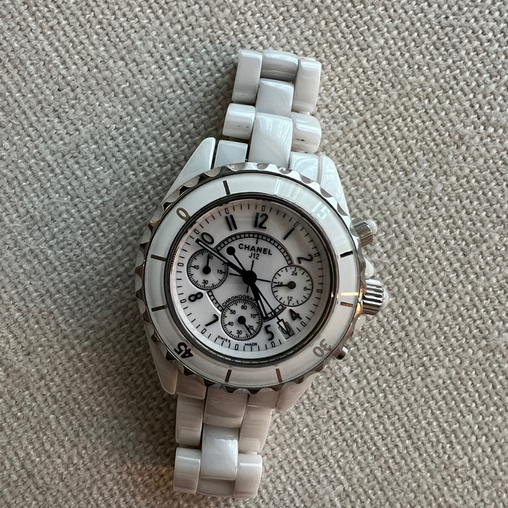 CHANEL White Ceramic Chronograph Watch with Silver Accents DM 98005